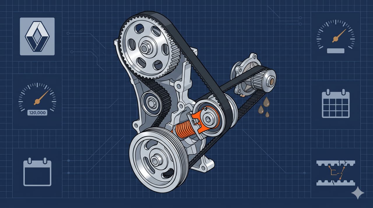 Courroie de distribution Ford Fiesta en coupe 3D avec galets et pompe à eau, illustration blueprint technique sur fond bleu foncé