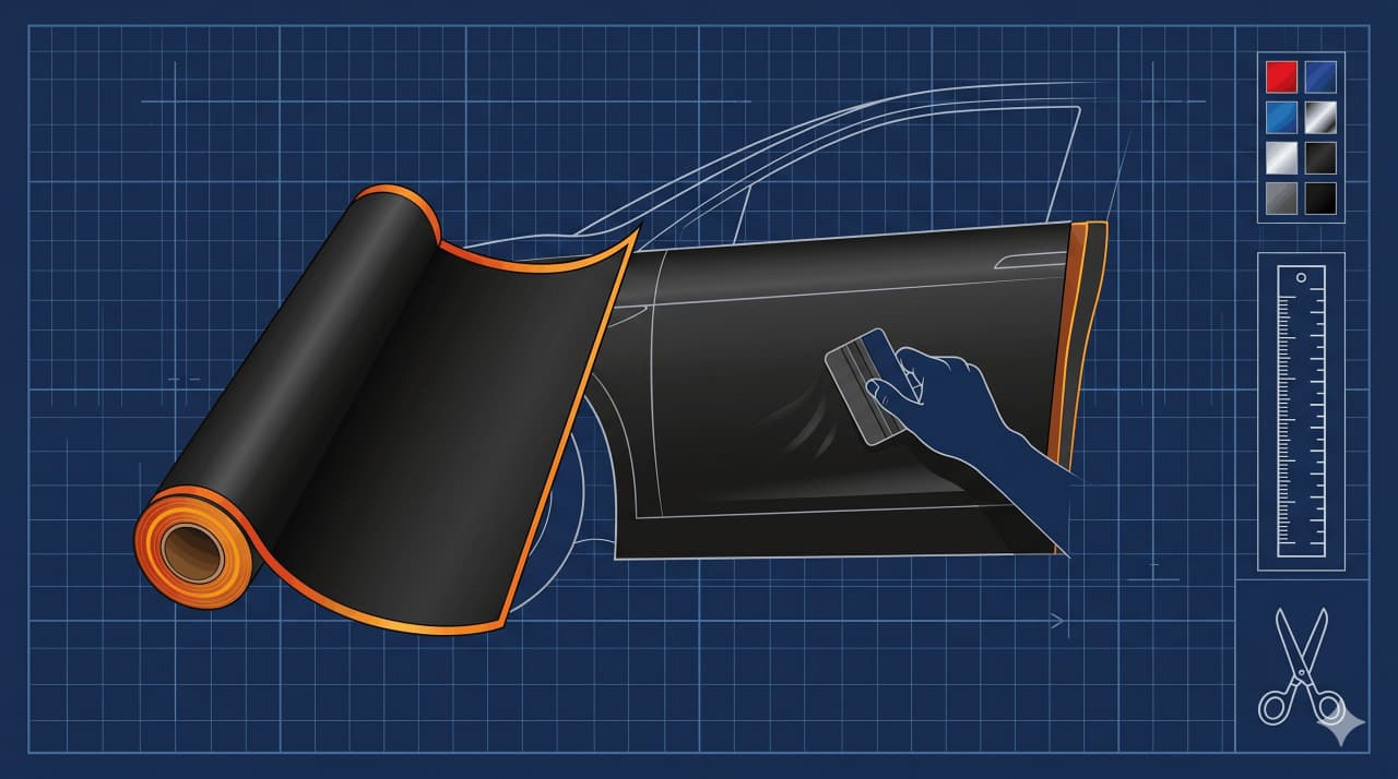 Covering voiture en cours de pose : rouleau de vinyle noir mat appliqué sur la carrosserie d'une berline, illustration blueprint technique fond bleu