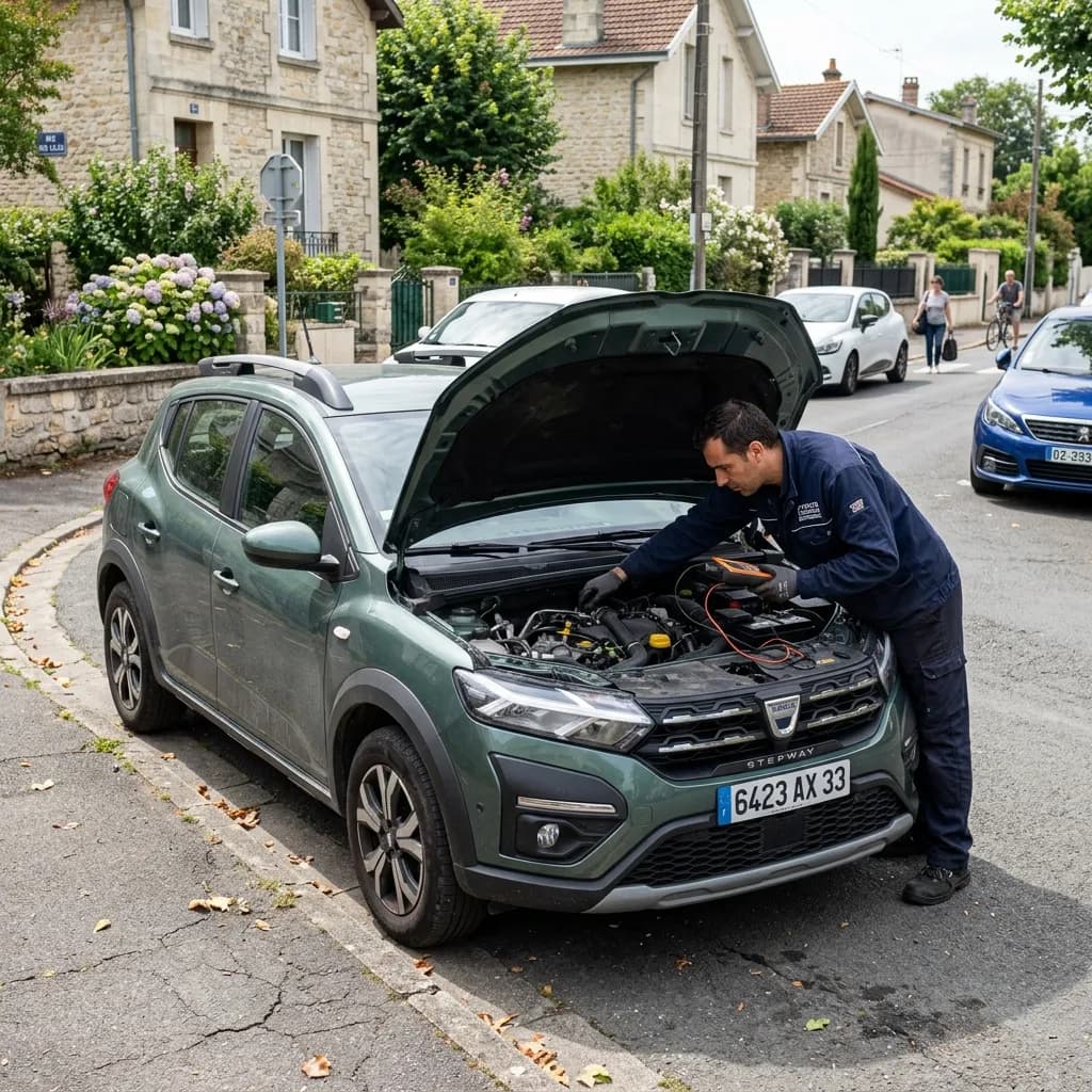 Dacia Sandero en atelier avec contrôle batterie, pneus, moteur TCe et système GPL