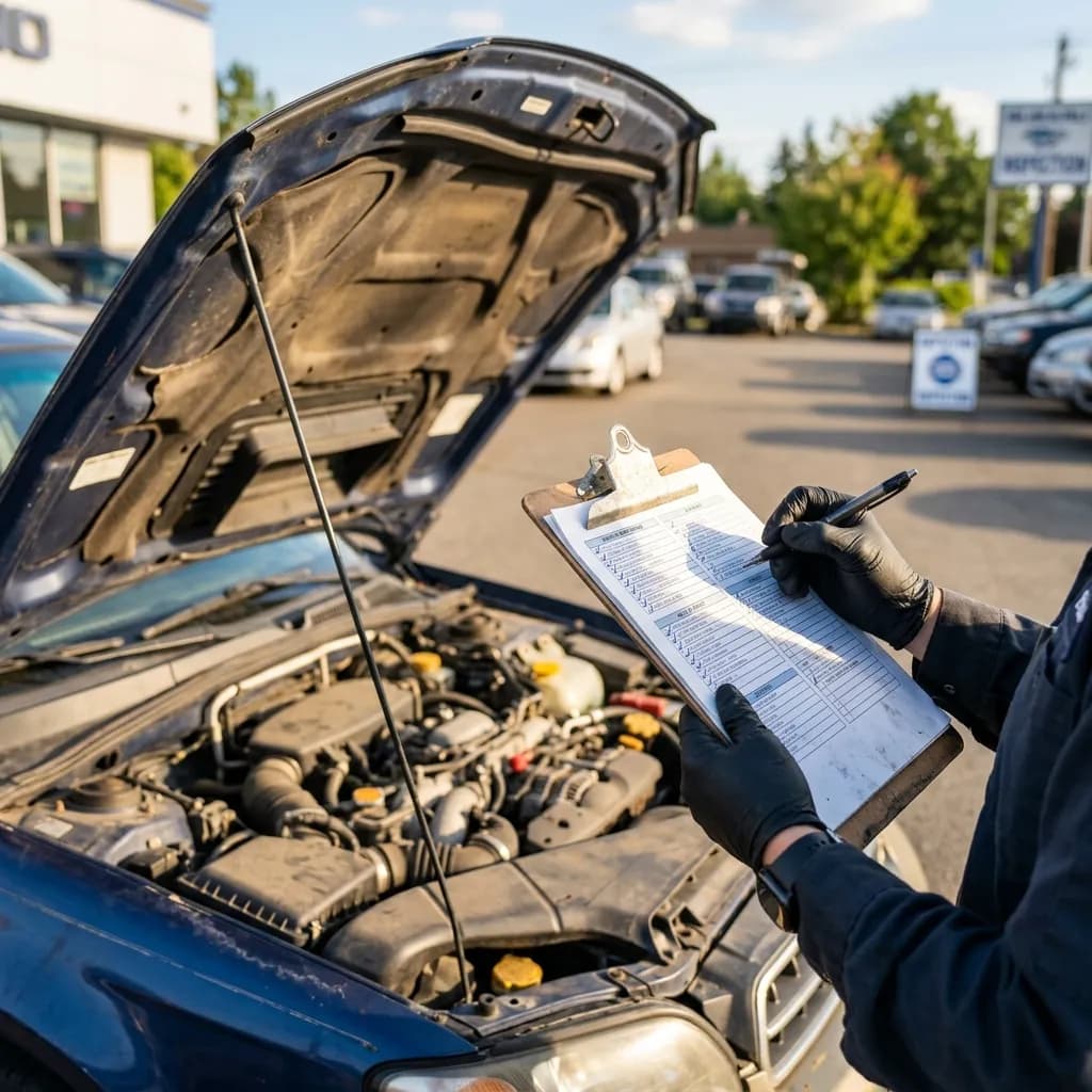 Checklist d’achat de voiture d’occasion avec inspection moteur, pneus, factures, HistoVec et essai routier