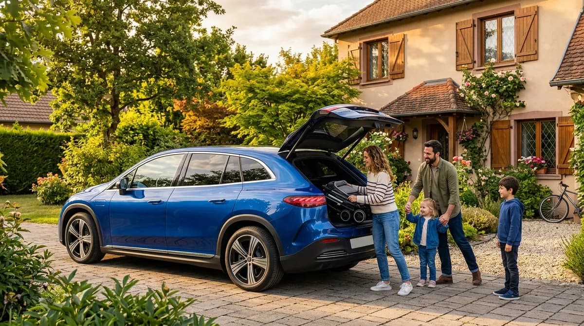SUV Ã©lectrique familial bleu garÃ© devant une maison europÃ©enne, coffre ouvert avec une poussette, famille avec enfants