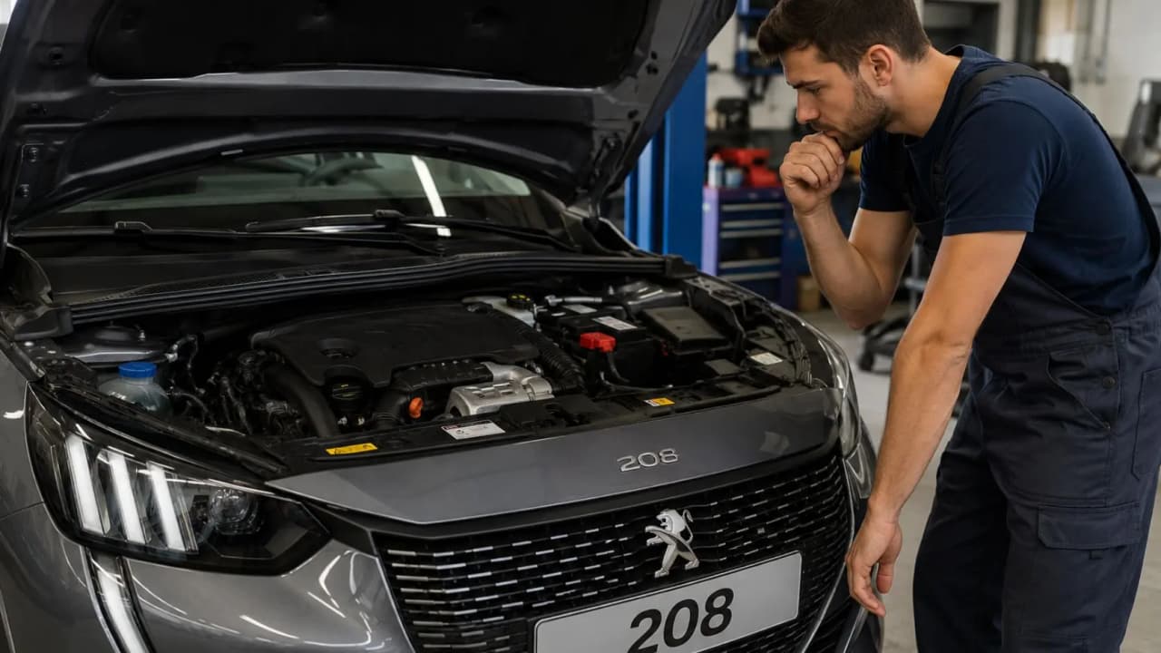 Illustration d'une Peugeot 208 avec les points de contrôle moteur principaux