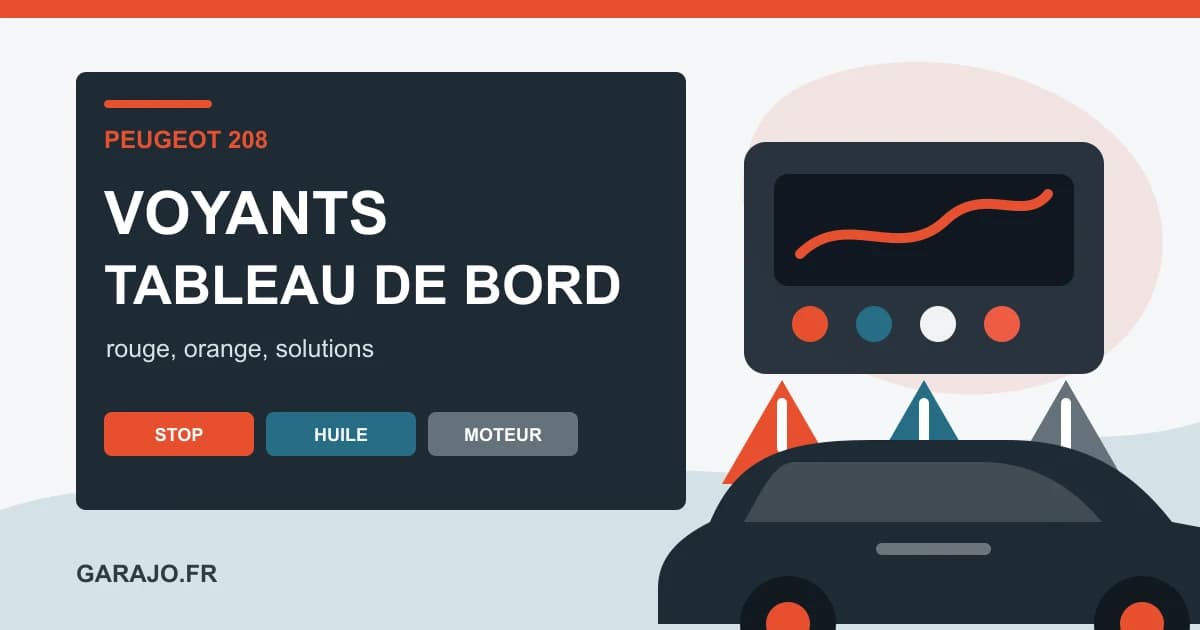 Tableau de bord de Peugeot 208 avec voyants moteur, frein, huile et température mis en évidence