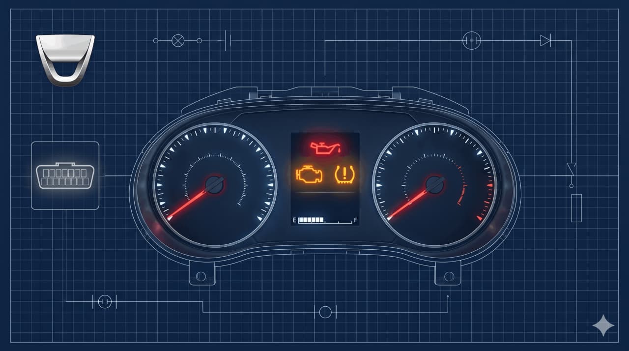 Voyants du tableau de bord Dacia Sandero illuminés en rouge et orange, illustration blueprint technique sur fond bleu foncé