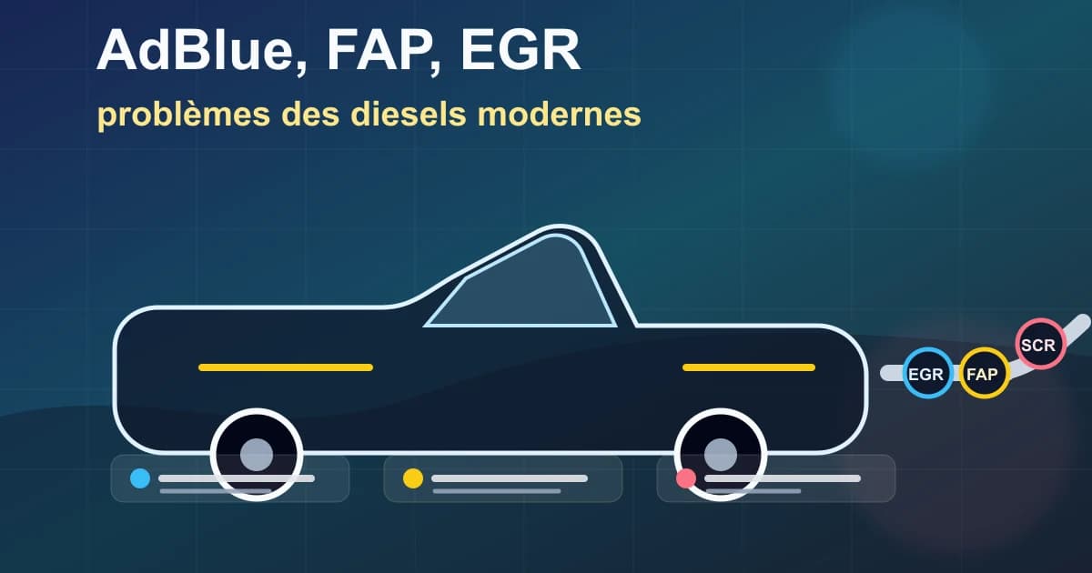 Système antipollution diesel moderne avec AdBlue, FAP, EGR et voyant moteur