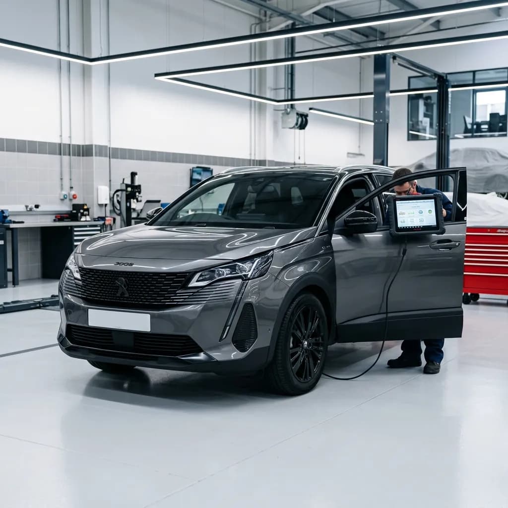 Peugeot 3008 Hybrid en atelier avec batterie de traction, moteur thermique et checklist d’entretien 2026